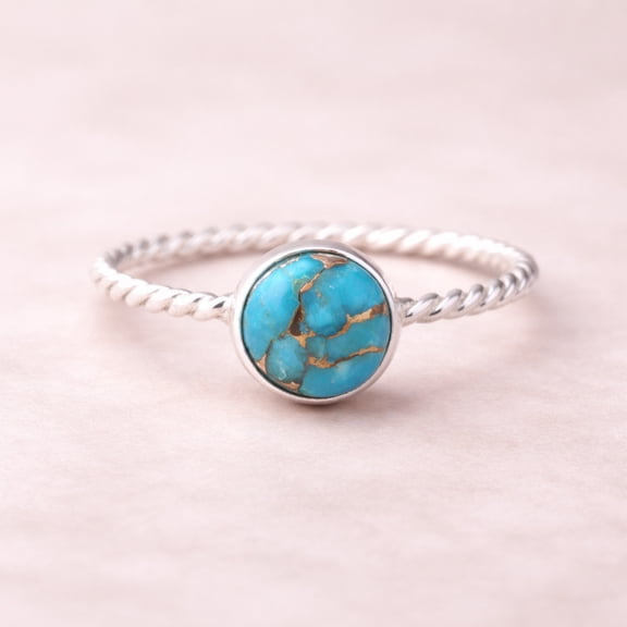 Blue Copper Turquoise Gemstone Ring – 925 Sterling Silver Twisted Band Ring for Women, Handmade Jewelry