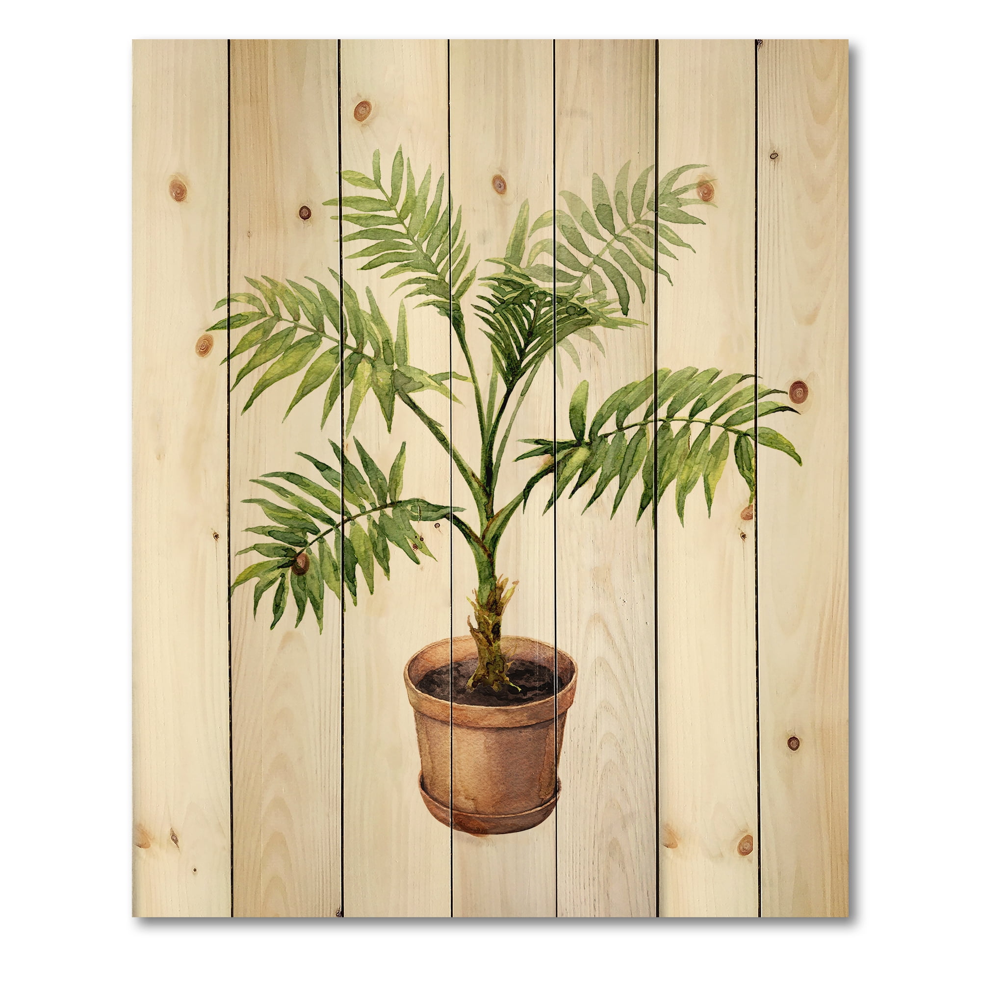 Designart 'Palm Plant In Clay Flowerpot' Traditional Print on Natural Pine Wood