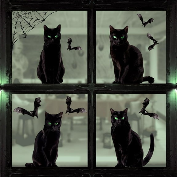 Halloween Window Clings: 4 Large Black Cats, Spiderweb & Bats Silhouettes, 6 Sheets for Indoor Decor