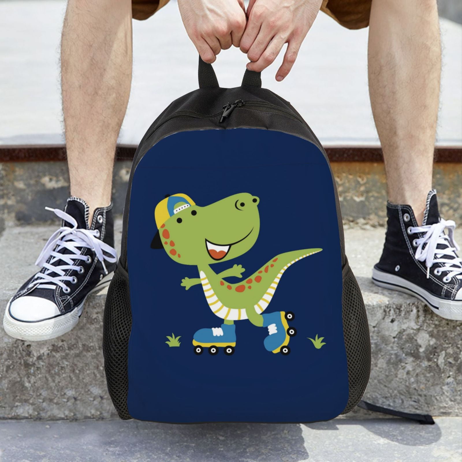 Xecao Dino Playing Roller Skate Print School Backpack with Laptop Compartment Small Travel Laptop Backpack for Women Men Waterproof College Backpack Simple School Bag