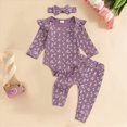 thumbnail image 2 of masbird Newborn Baby Girl Outfit Bubble Romper Ruffle Onesie Pants Set Headband 3Pcs Fall Winter Clothes 0 3 6 12 18 24 Months,Purple,0-3 M, 2 of 4