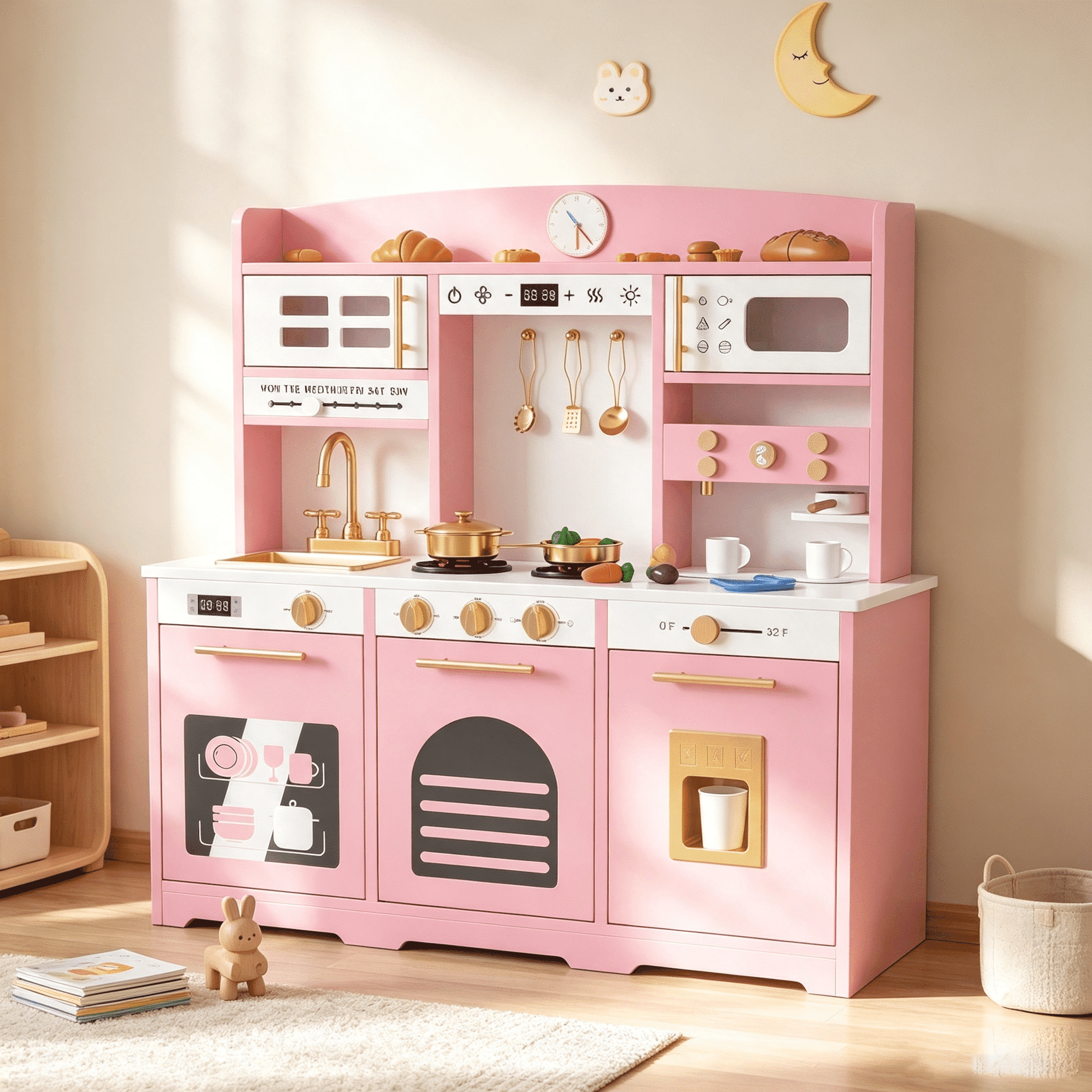 Guqiart Wooden Kids Play Kitchen Set, Toddler Pretend Play Cooking Set with 24 Accessories, Realistic Appliances & Storage for Boys & Girls, Pink