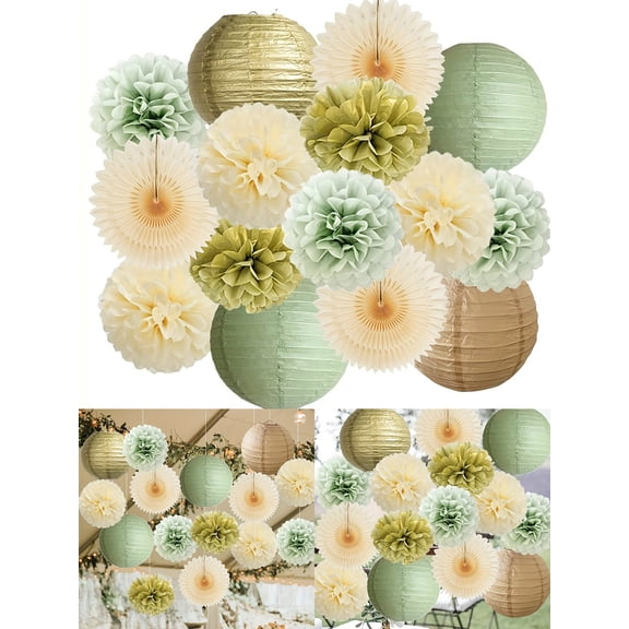 15PCS Sage Green & Blush Pink Paper Lanterns & Pom Poms & Fan Set - 25cm Hanging Decorations for Wedding, Bridal Shower, Baby Shower & Party