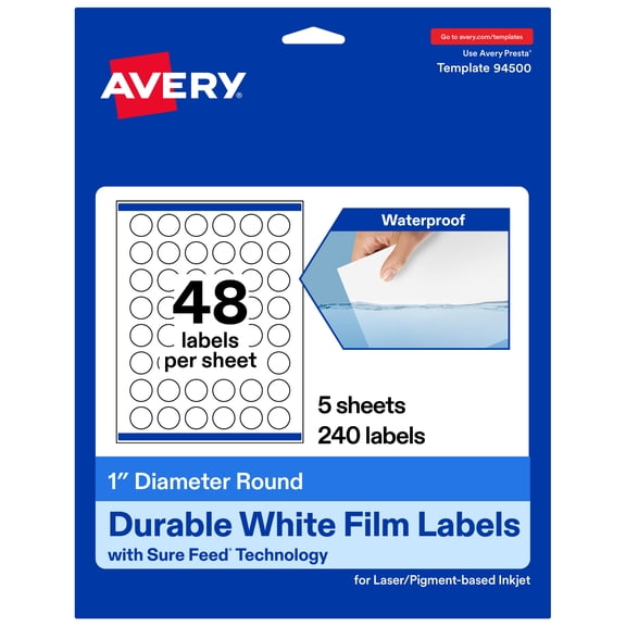 Avery Durable White Round Labels, 1" Diameter, 240 Total