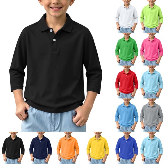 Sentuca Boys Polo Shirts 3/4 Sleeve Solid Color School Uniform Shirts Turn Down Collar Back to School Kids Top Size 5-6Y Black