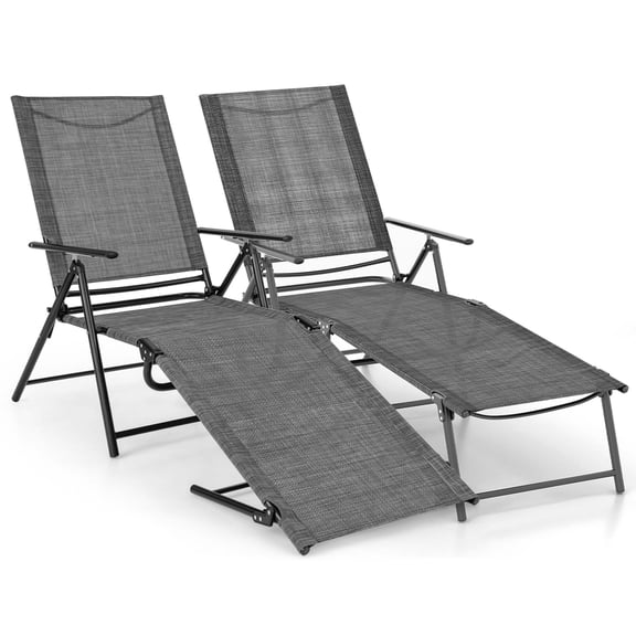Costway 2 Piece Patio Folding Chaise Lounge Chairs with 6-Level Backrest Reclining Chairs Grey