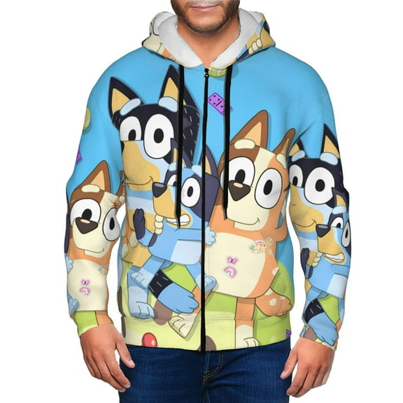 Johaoi Bluey Pattern Zip Hoodie Sweatshirt for Men,Sleeve Pullover Casual Long Hooded Sweatshirt with Zipper-Small