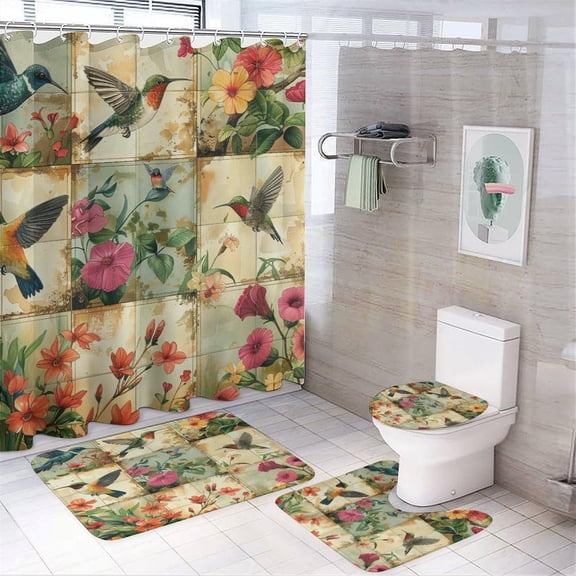 4Pcs Rustic Floral Hummingbird Shower Curtain Sets, Bathroom Decor Set with Rugs, Bath Mat Classic Asian Nature Botanical Shower Curtain, 72 X 72 Inch
