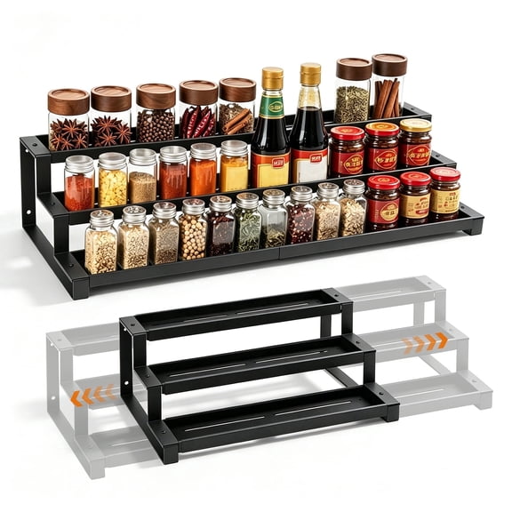 3-Tier Spice Rack Organizer for Kitchen Cabinet or Pantry, 14.5"-26.2" Expandable Metal Spice Shelf, Seasoning Organizer with Guardrails for Jars