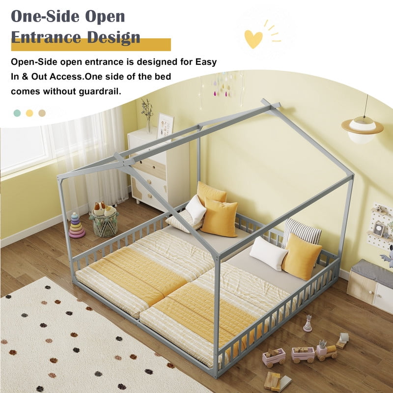 Double Twin Size House-Shaped Canopy Floor Bed with Safety Guardrails, Kids Wooden Low Profile Bed Frame with Open Roof Design
