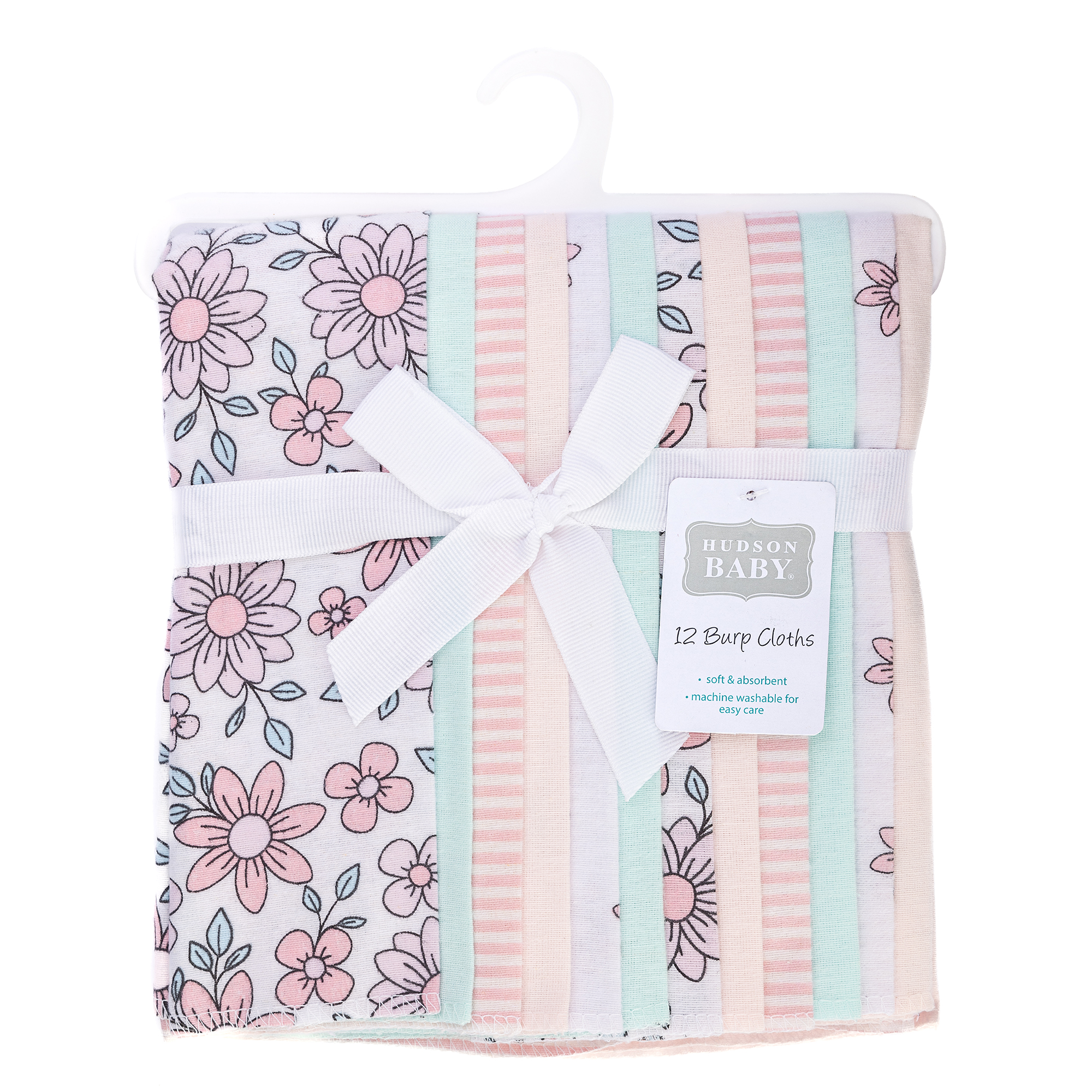 Hudson Baby Unisex Baby Cotton Poly Flannel Burp Cloths Bundle, Pink Mint Floral, One Size