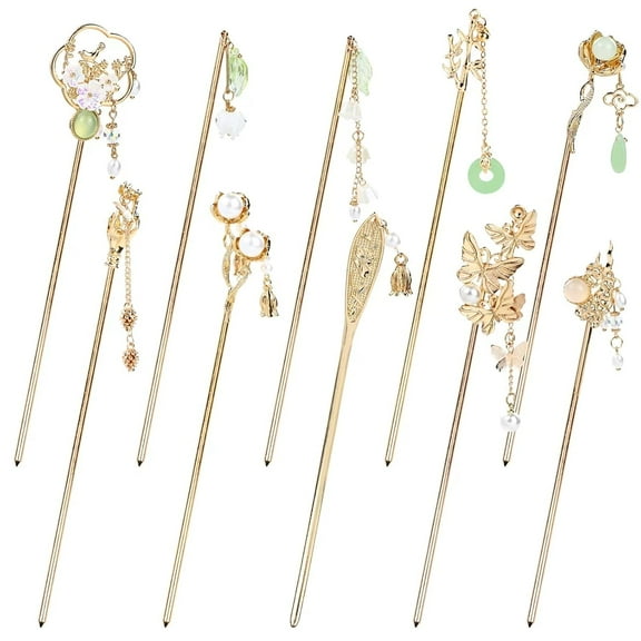 10 Pieces Decorative Vintage Retro Pearl Gold Metal Hair Sticks Pins with Pendants Chinese Hanfu Asian Flower Butterfly Hair Chopsticks Hair Bun Updo Holders Long Hairpins for Women Girls