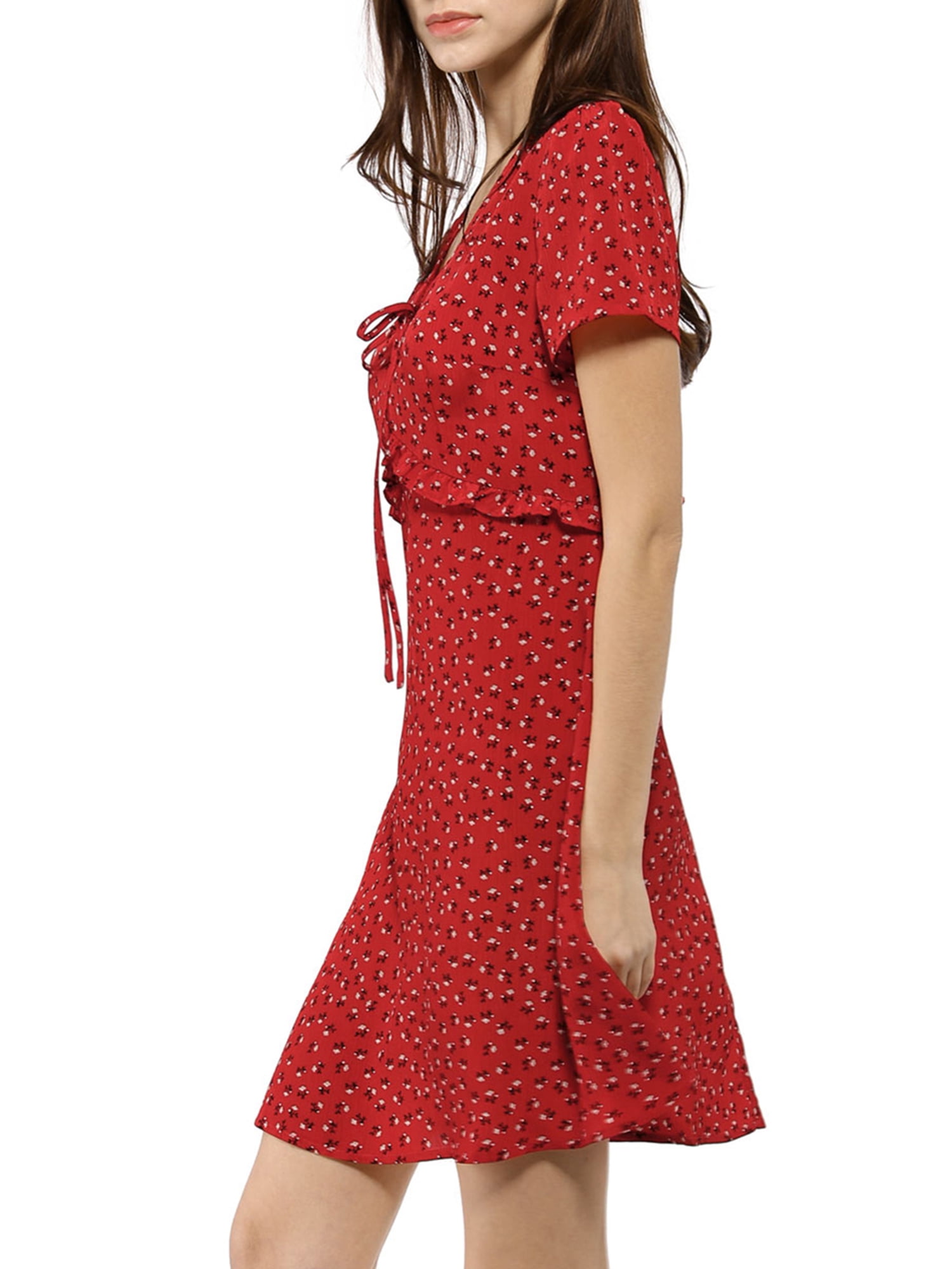DARING DIVA Floral Bow Tie V Neck Short Sleeve Ruffle Dress M Red