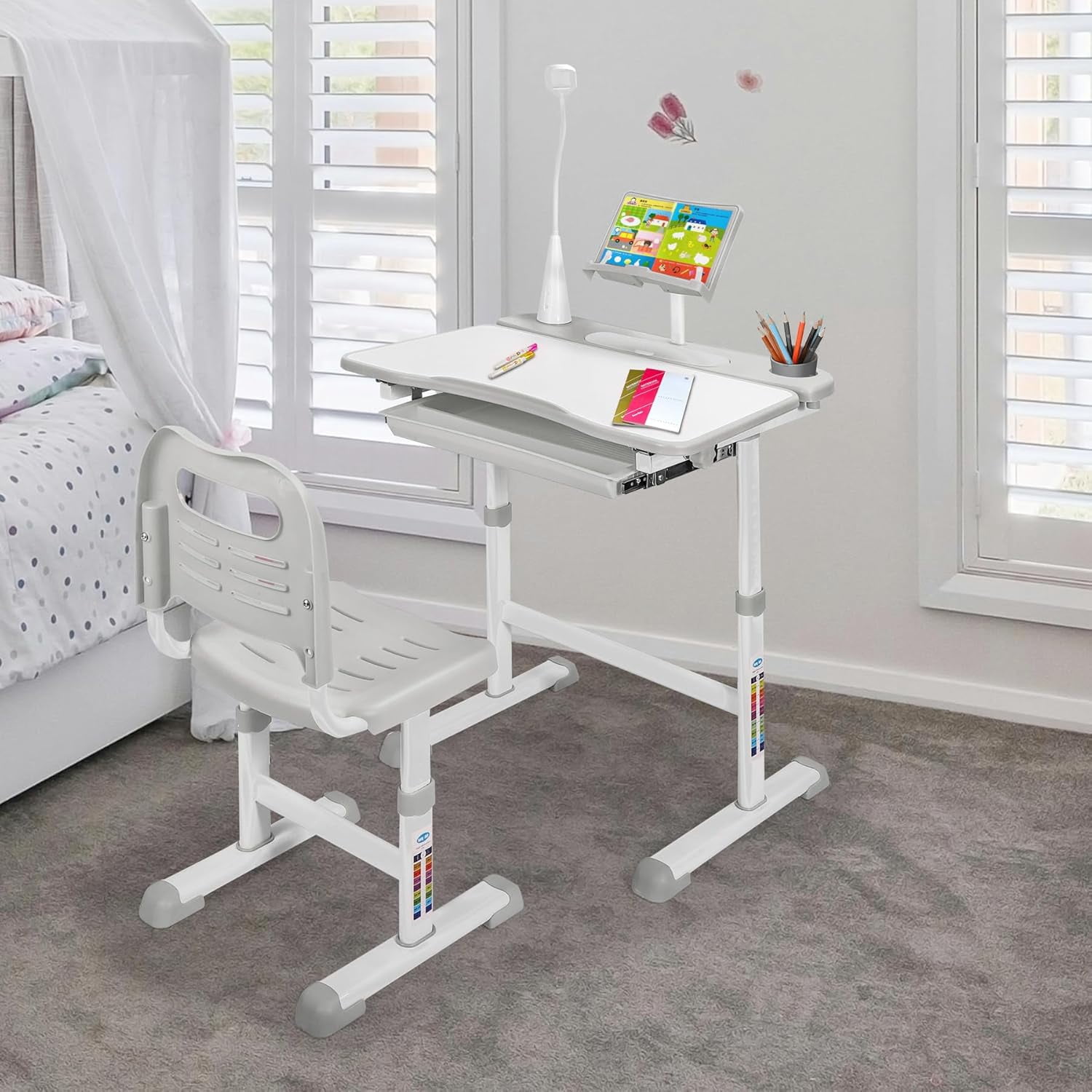 RedSwing Kids Desk and Chair Set, Adjustable Height Children Study Table Chair with Led Light, Bookstand, Portable Kids Desk with Tilted 0-60° Table Top for Age 3-15