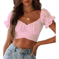 thumbnail image 3 of Womens Ruffle Crop Top Soft Breathable Ladies Sexy One Line Neck Off Shoulder Back Tie Ruffle Short Sleeve Crop Top, 3 of 6
