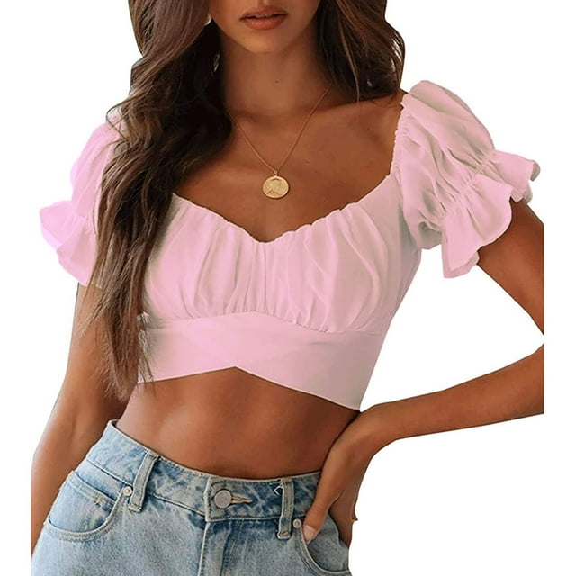 Top corto con volantes para mujer, Top corto de manga corta con volantes, suave y transpirable, Sexy, con cuello de una línea y hombros descubiertos, lazo en la espalda