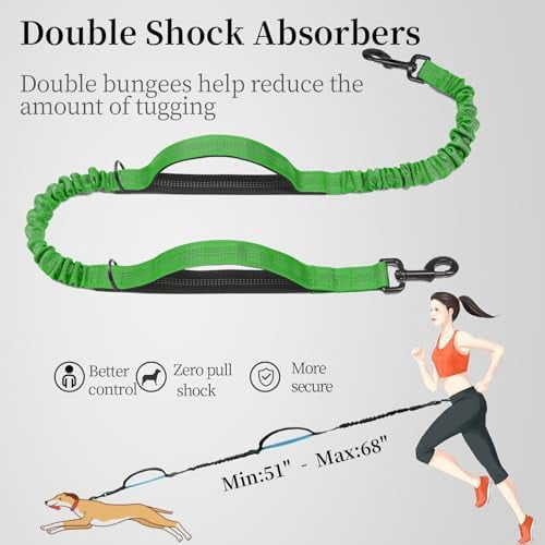 Hands Free Dog Leash with Zipper Pouch, Dual Padded Handles and Durable Bungee for Walking, Jogging and Running Your Dog (Large, 25-120 lbs, Emerald)