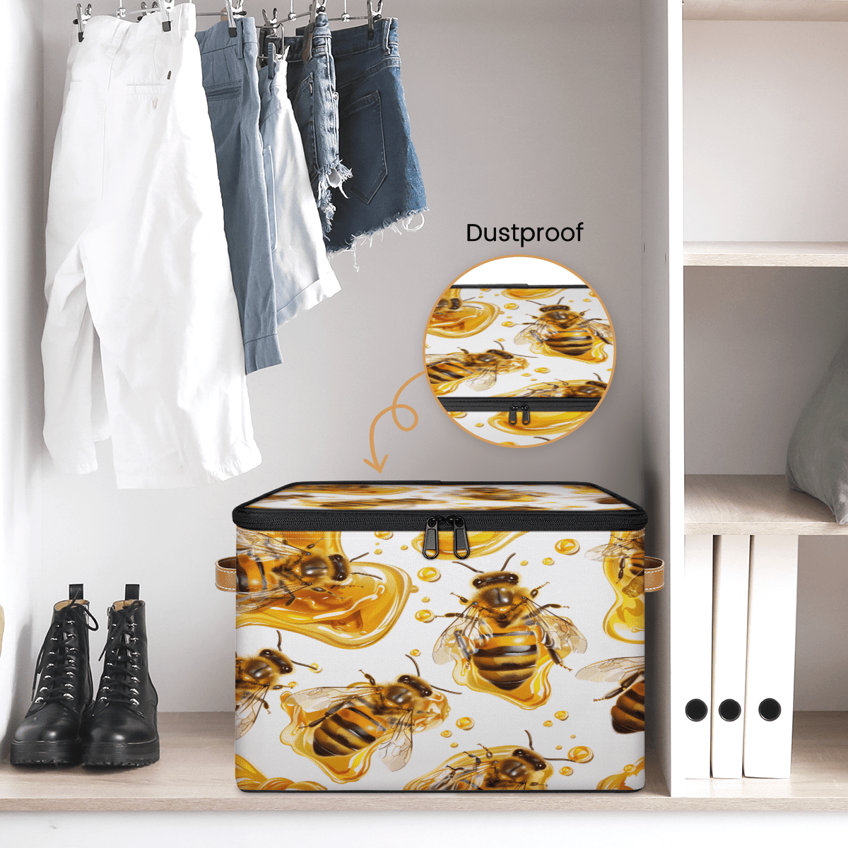 CURLYOOT Bee Fabric Storage Bins with Lids, Farmhouse Honey Bee Foldable Storage Boxes Washable Storage Cube, Closet Bedroom Home Organizer Containers with PU Leather Handles