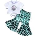 thumbnail image 1 of Girls Fashion Shell Printed Lace up Top Cute Mermaid Fish Scales Bell-bottomed Pants Two Piece Set, 1 of 8