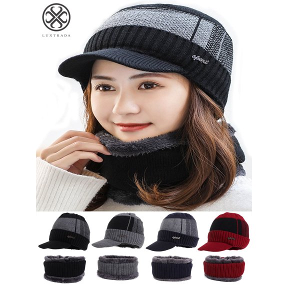 Luxtrada 2pcs/set Women Men Outdoor Newsboy Hat Winter Warm Thick Knit Beanie Cap Fleece Lined Skull Ski Cap & Winter Scarf