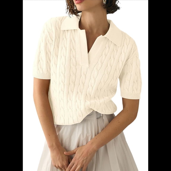 Women'S Cable Short Sleeve Sweaters Tops Solid Lapel V Neck Knit Casual Soft Pullover Shirt Grey White XL