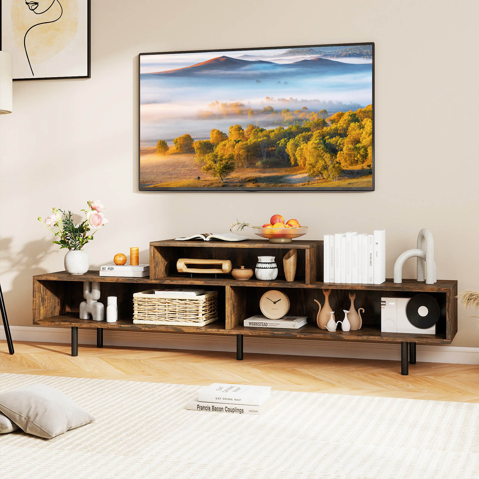 Costway TV Stand, 63” Long Entertainment Center with Open Storage Shelves for TVs up to 70” Rustic Brown