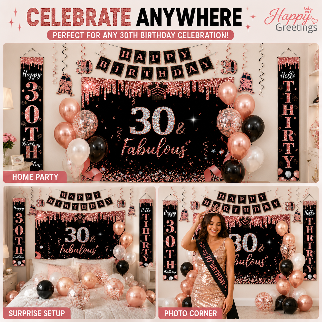 Happy Greetings 30th Birthday Party Kit, Rose Gold & Black, 45-Piece photo 6
