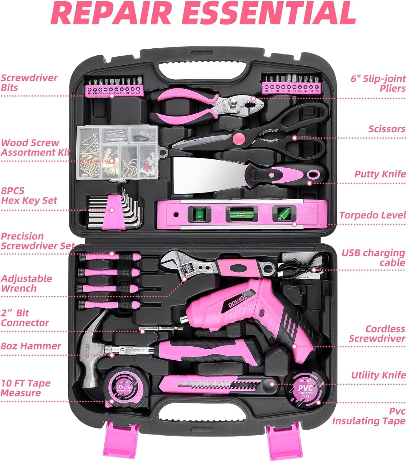 DOWELL 143-Piece Pink Homeowner Tool Set with 3.6V Cordless Screwdriver, Household Hand Tool Kit