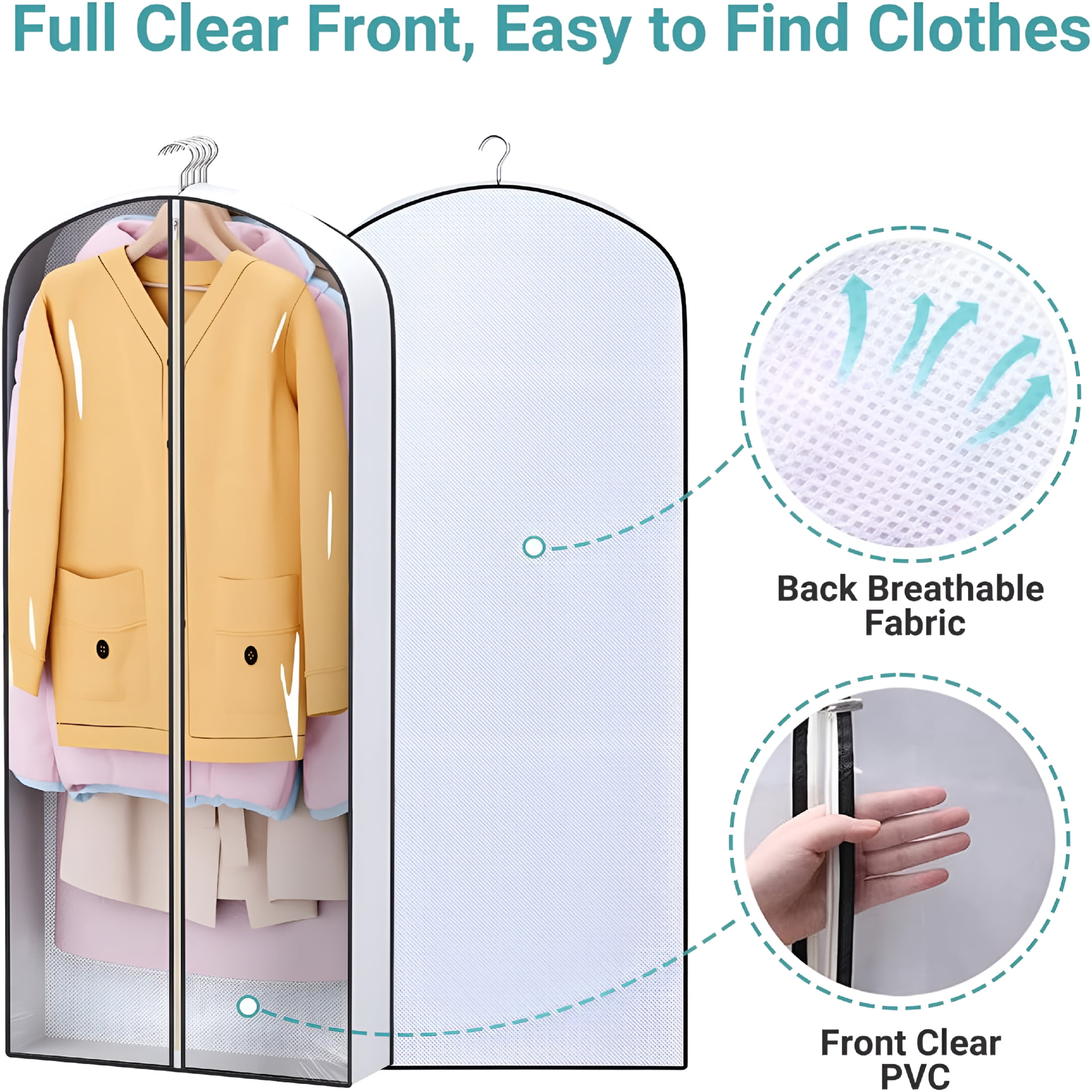 AUQ 60"Long Hanging Garment Bags for Closet Storage Gusseted Clear Dress Bag for Clothes,Gowns,Coats,Suits,5 Packs