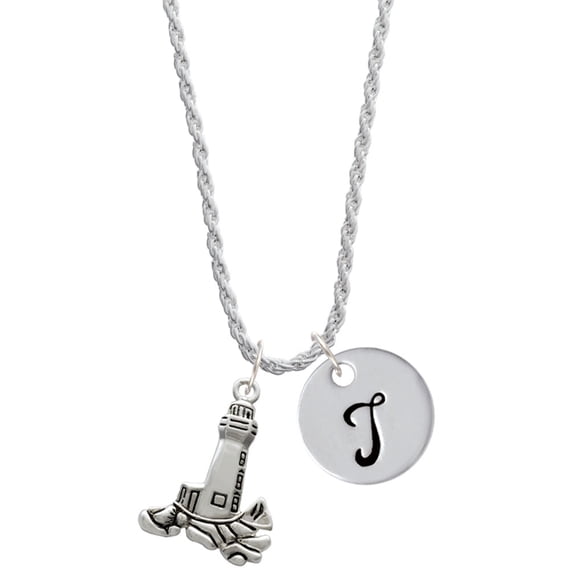 Delight Jewelry Silvertone Antiqued Lighthouse Silvertone Script Initial Disc - T - Charm Necklace, 20"+3"