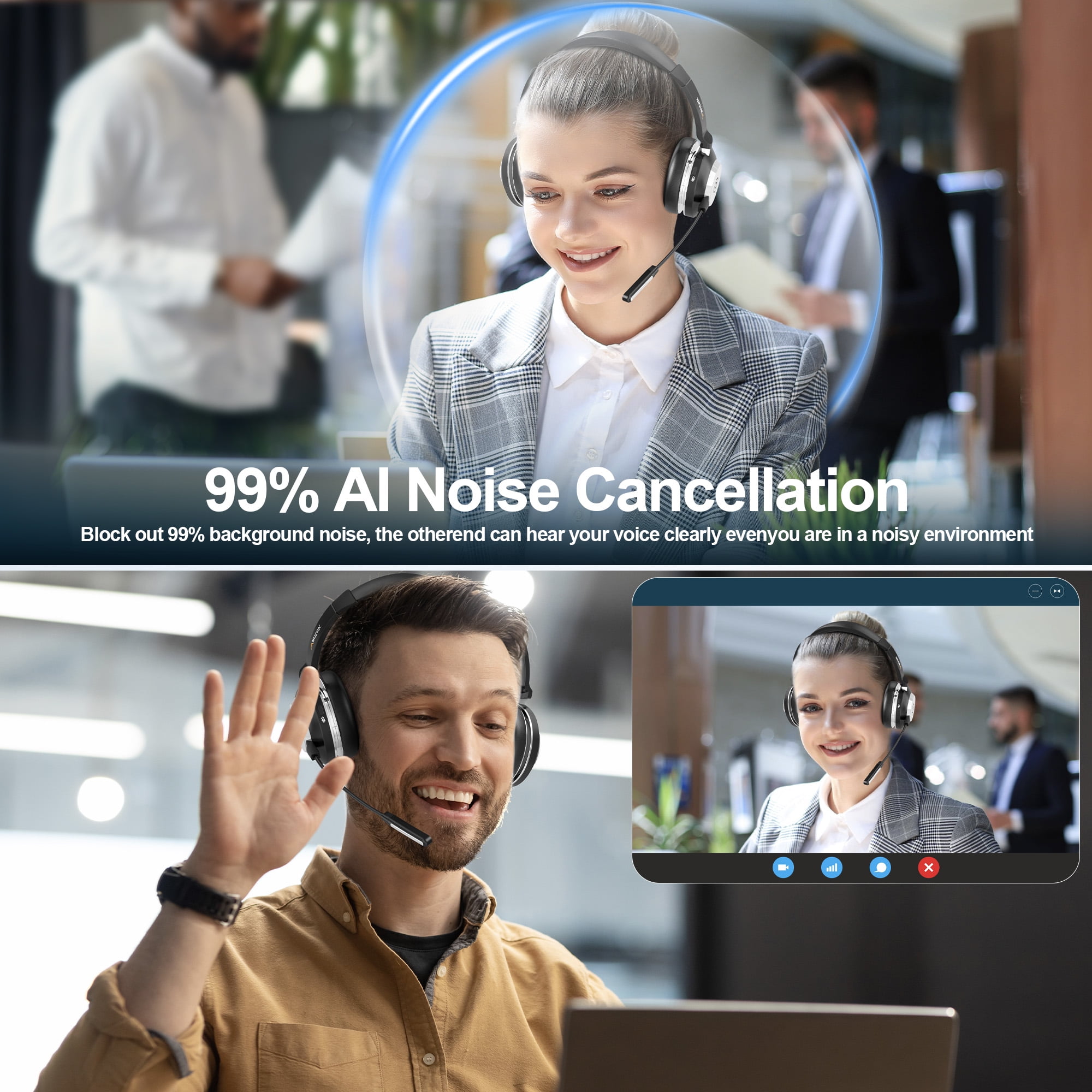 Wantek Wireless Headset with Upgraded Microphone AI Noise Canceling, Over-Ear Bluetooth Headphone with Mute for Laptops, Desktops, Cellphones