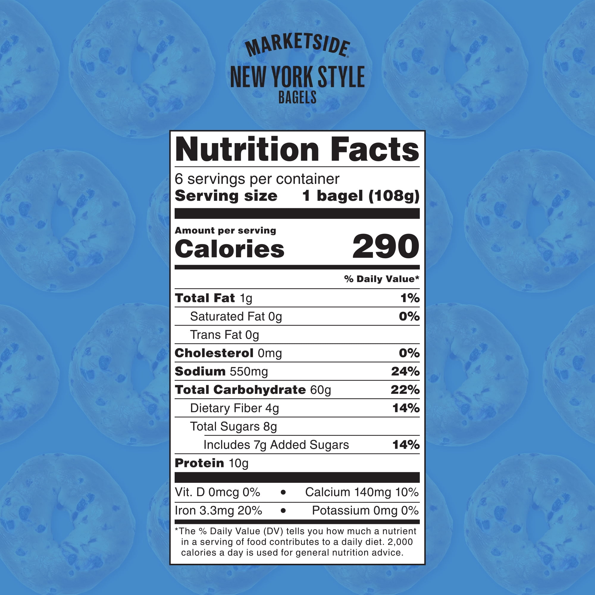 Marketside Fresh Pre-Sliced Naturally Flavored Blueberry Bagels, New York Style, 22.8oz, 6 Count