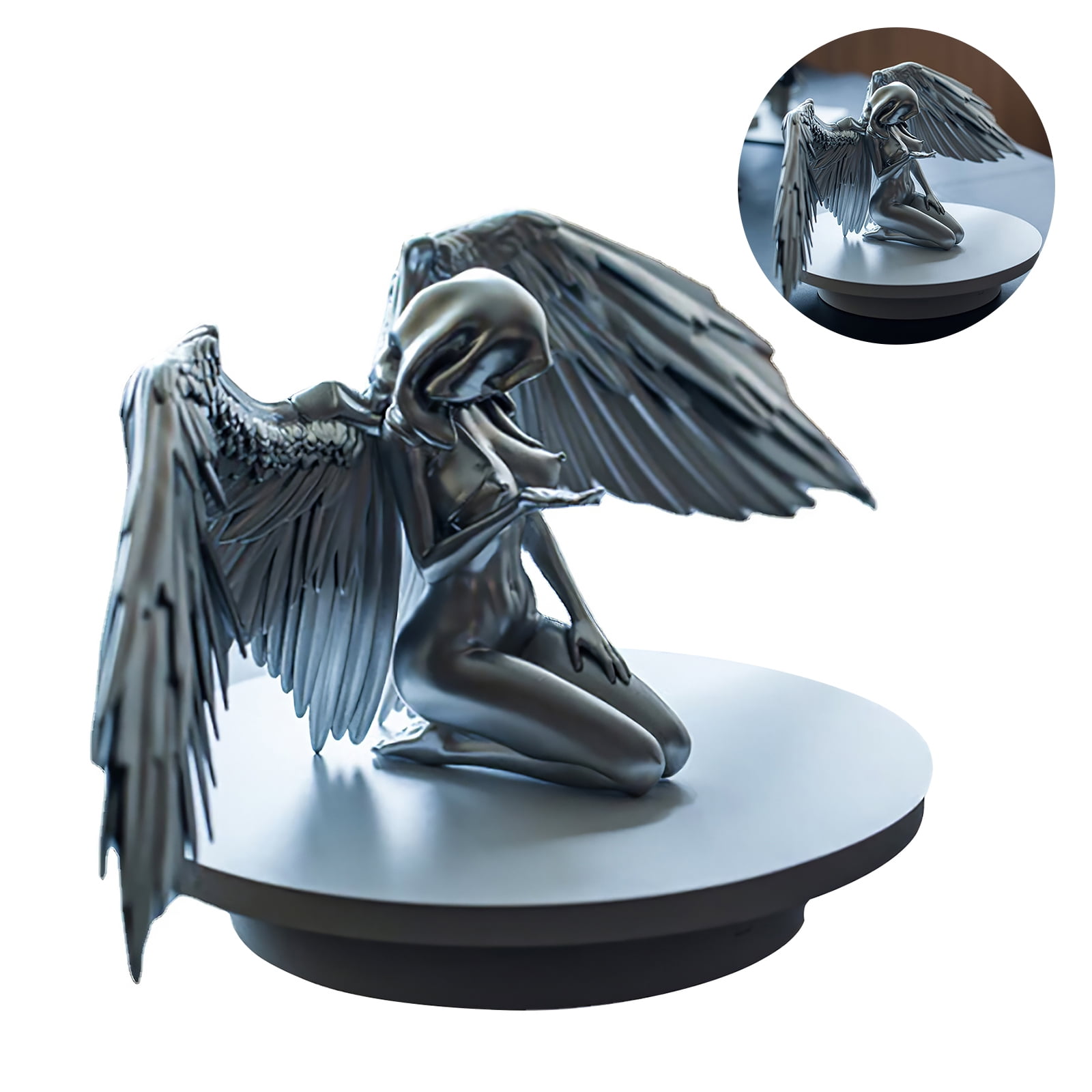 Silver Ceramic Standing Angel with Silver Metal Wings Figurine 