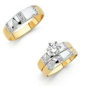 14k Two Tone Gold 3 Row Prong Setting 1.30 ct CZ Wedding Ring Trio Set His & Her