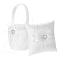 thumbnail image 1 of Cesta Irfora 6 * 6 pulgadas Almohada de portador de anillo de satén de doble corazón y canasta de niña de flores de boda con decoración de cinta de diamantes de imitación blanco Irfora Cesta, 1 of 5