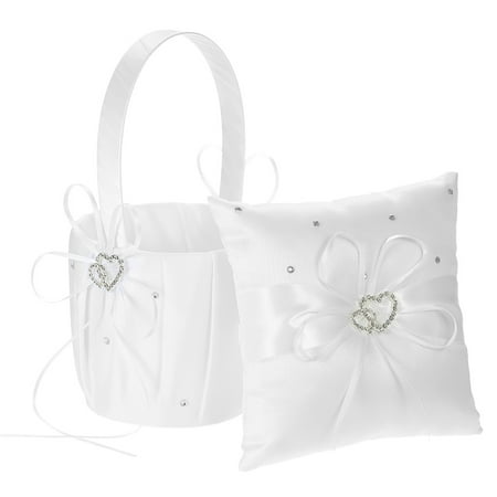 Rhinestone Basket - 6 * 6 inches Double Heart Satin Ring Bearer Pillow and Wedding Flower Girl Basket Set with Rhinestone Ribbon Decoration White