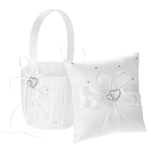 Cesta Irfora 6 * 6 pulgadas Almohada de portador de anillo de satén de doble corazón y canasta de niña de flores de boda con decoración de cinta de diamantes de imitación blanco Irfora Cesta