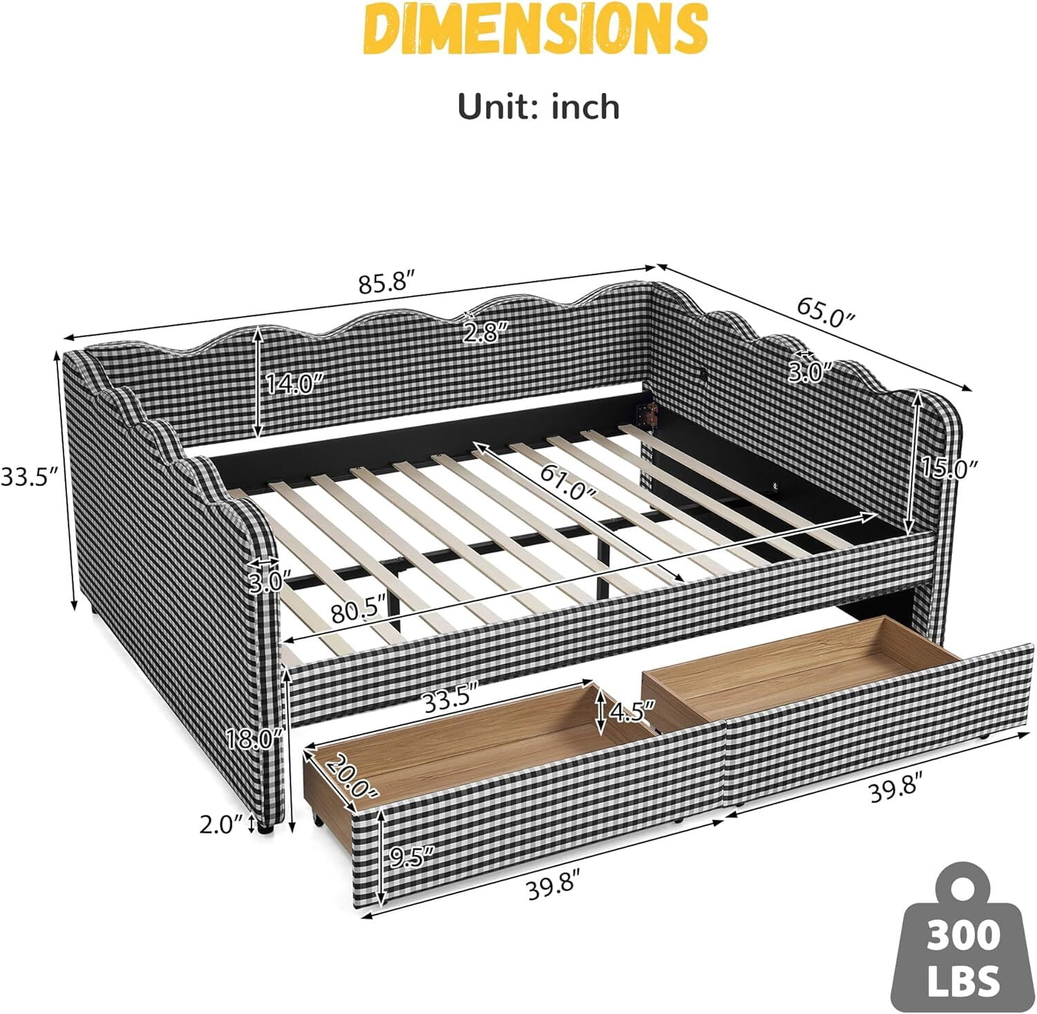 avobird Cozy Gingham Daybed with 2 Storage Drawers Queen Size Sofa Bed for Living Room, Sleeper Sofa with USB Port and Adorable Wave Shaped, Linen Fabric, Black