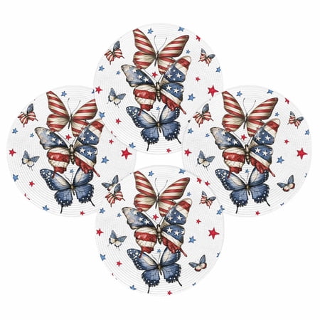 4th of July Round Placemats Set of 4 Red Blue Stars Butterfly Place Mats Independence Day Woven Placemat American Flag Circle Braided Table Mat for Kitchen Dining Table Party Home Decor 15 Inch