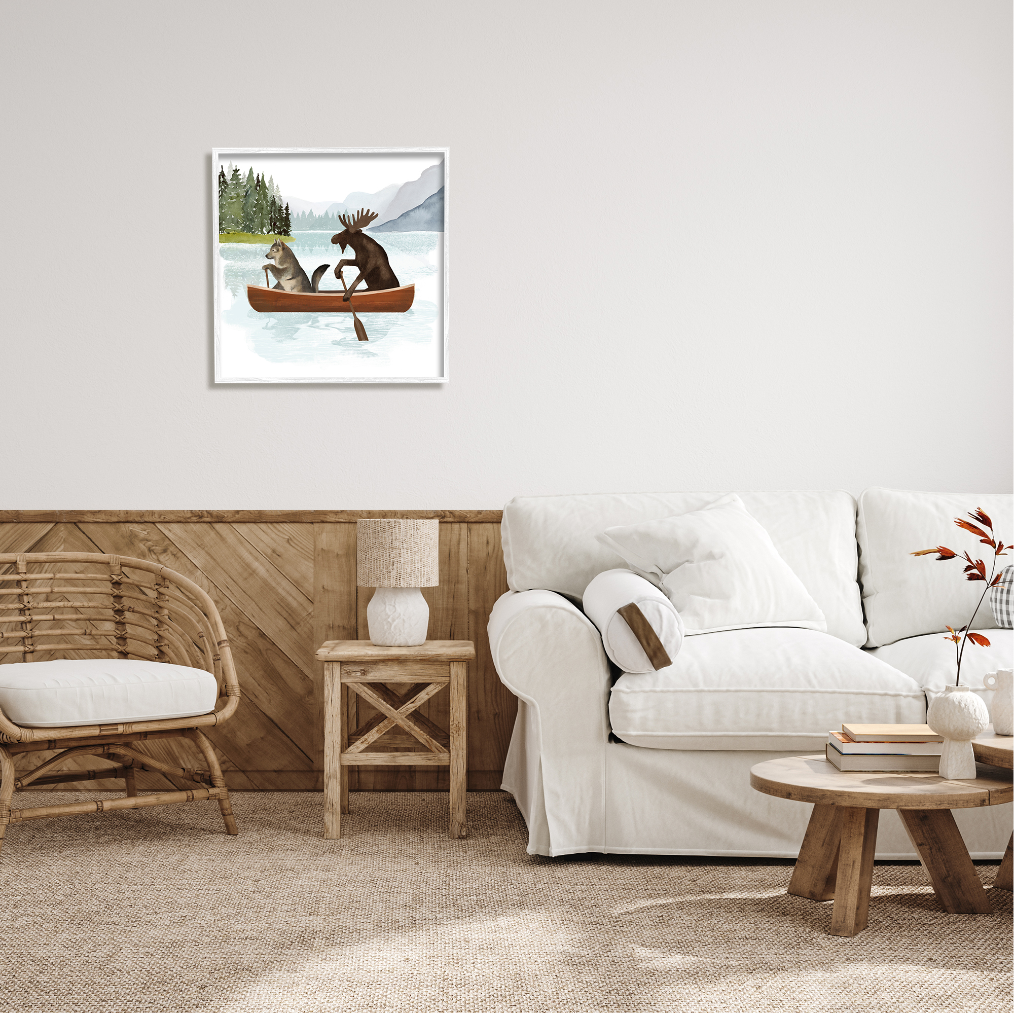 Stupell Industries Animals on Canoe Animals & Insects Painting White Framed Art Print Wall Art, 24 x 24