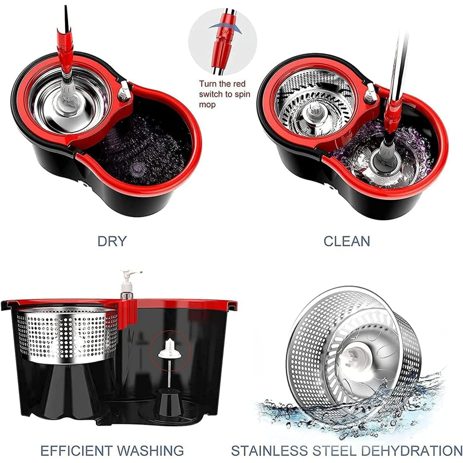 Black 360° Spin Mop with Bucket Set 2 Microfiber Cleaning Heads