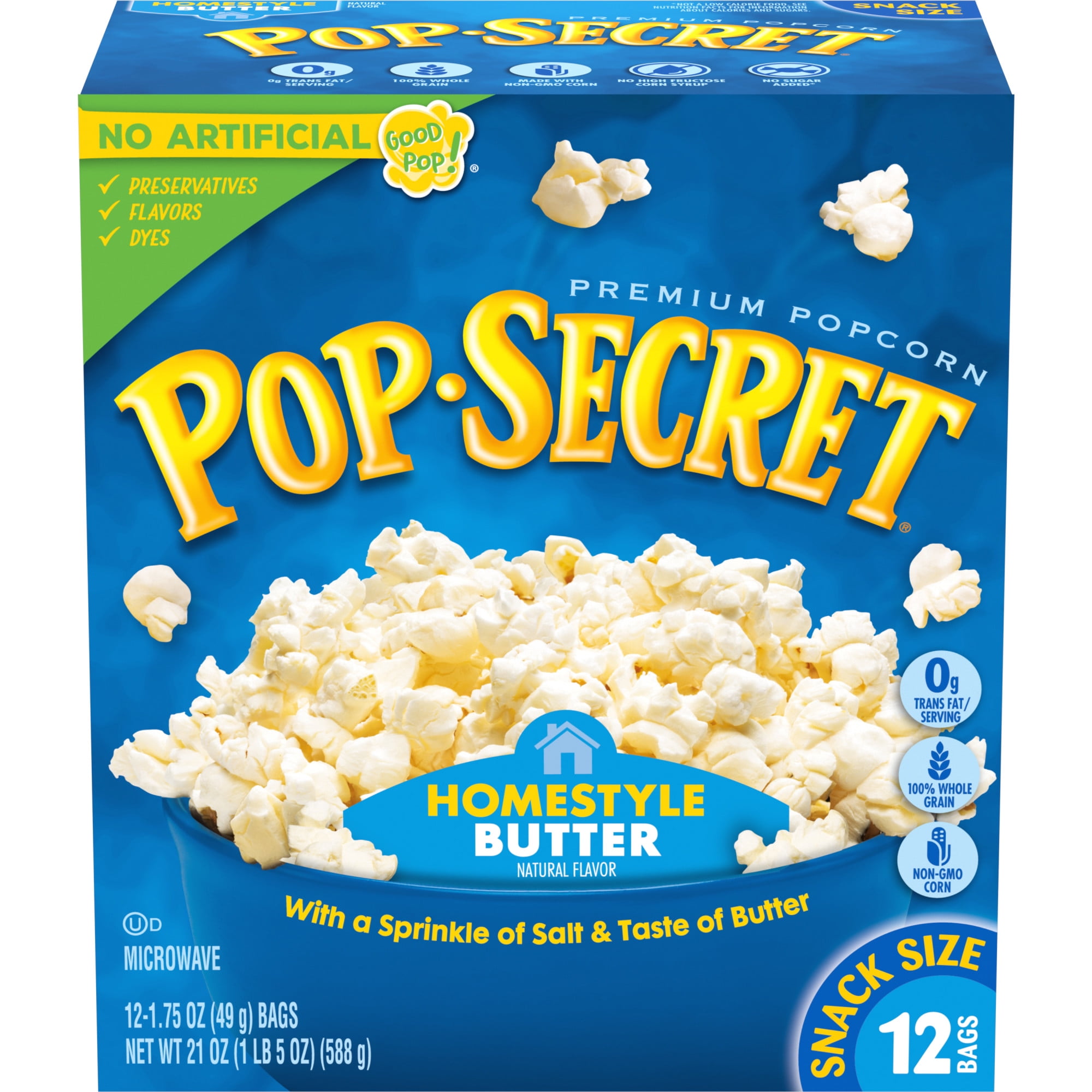 Pop Secret Microwave Popcorn, Homestyle Butter Flavor, 1.75 Oz Snack Bags, 12 Ct