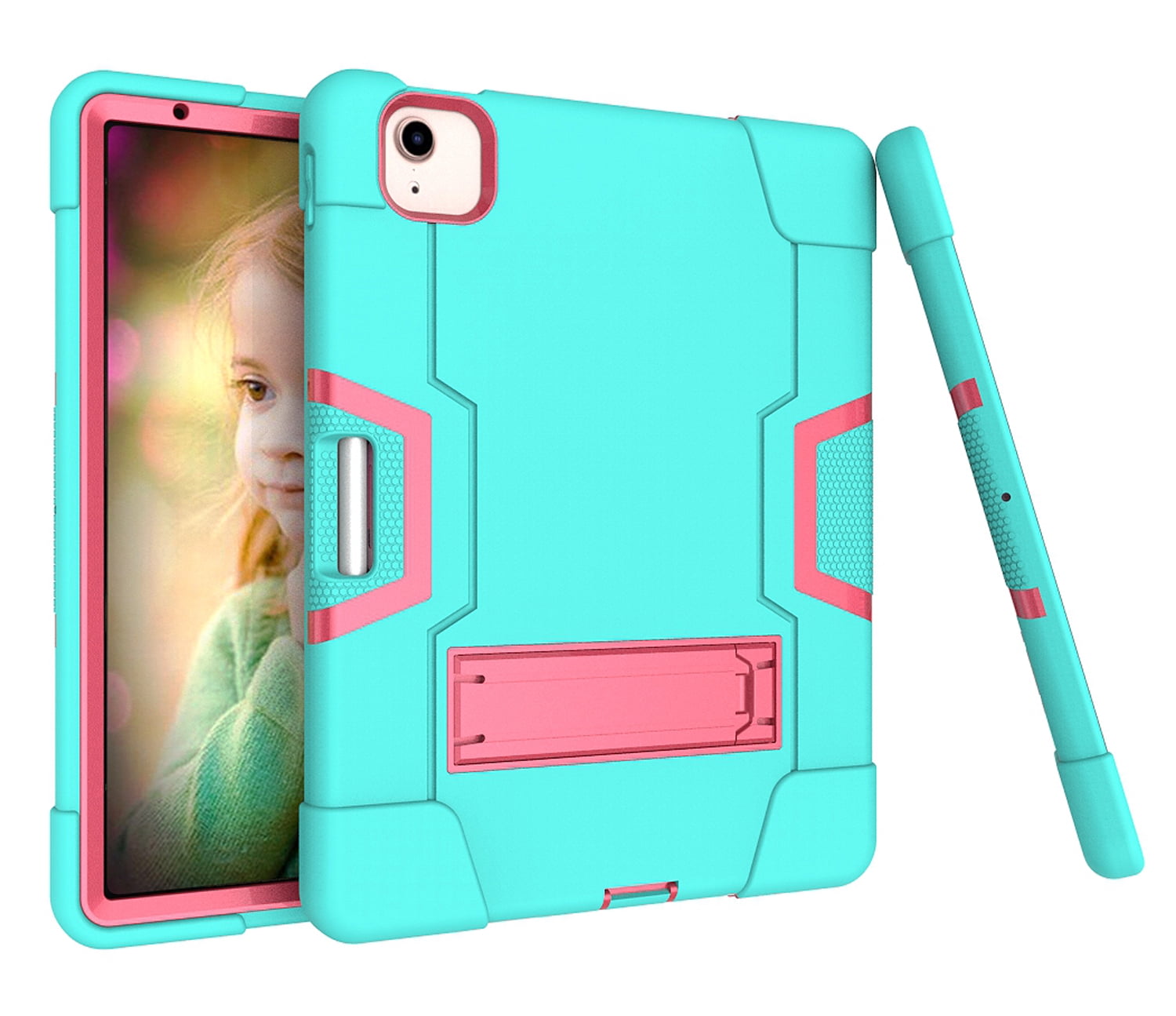 Allytech iPad Air 5 Case 2022, iPad Air 4 Case 2020, Heavy Duty Protection Shockproof Build In Kickstand Pencil Holder Kids Friendly Case for Apple iPad Air 5th 4th Generation, BlackAqua/Rose