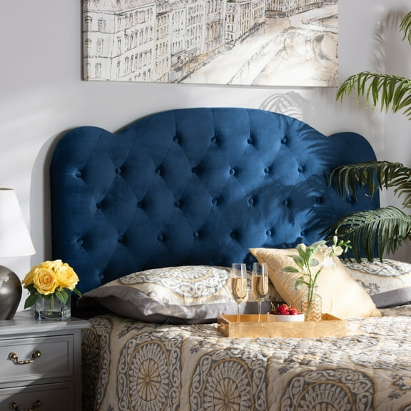 Baxton Studio Clovis Modern and Contemporary Navy Blue Velvet Fabric Upholstered Queen Size Headboard