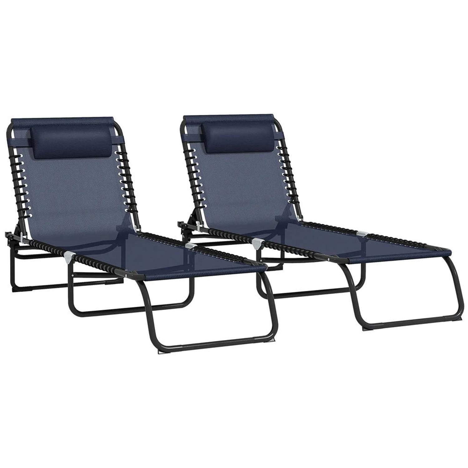 Demi Bonn Outdoor Folding Chaise Lounge Chairs Set of 2 with 4-Position Reclining Pillow-Back, Breathable Mesh Seat, Bungee for Pool, Beach, Patio, Navy
