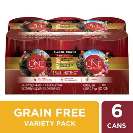 (6 Pack) Purina ONE Grain Free, Natural Pate Wet Dog Food Variety Pack, SmartBlend True Instinct, 13 oz. Cans
