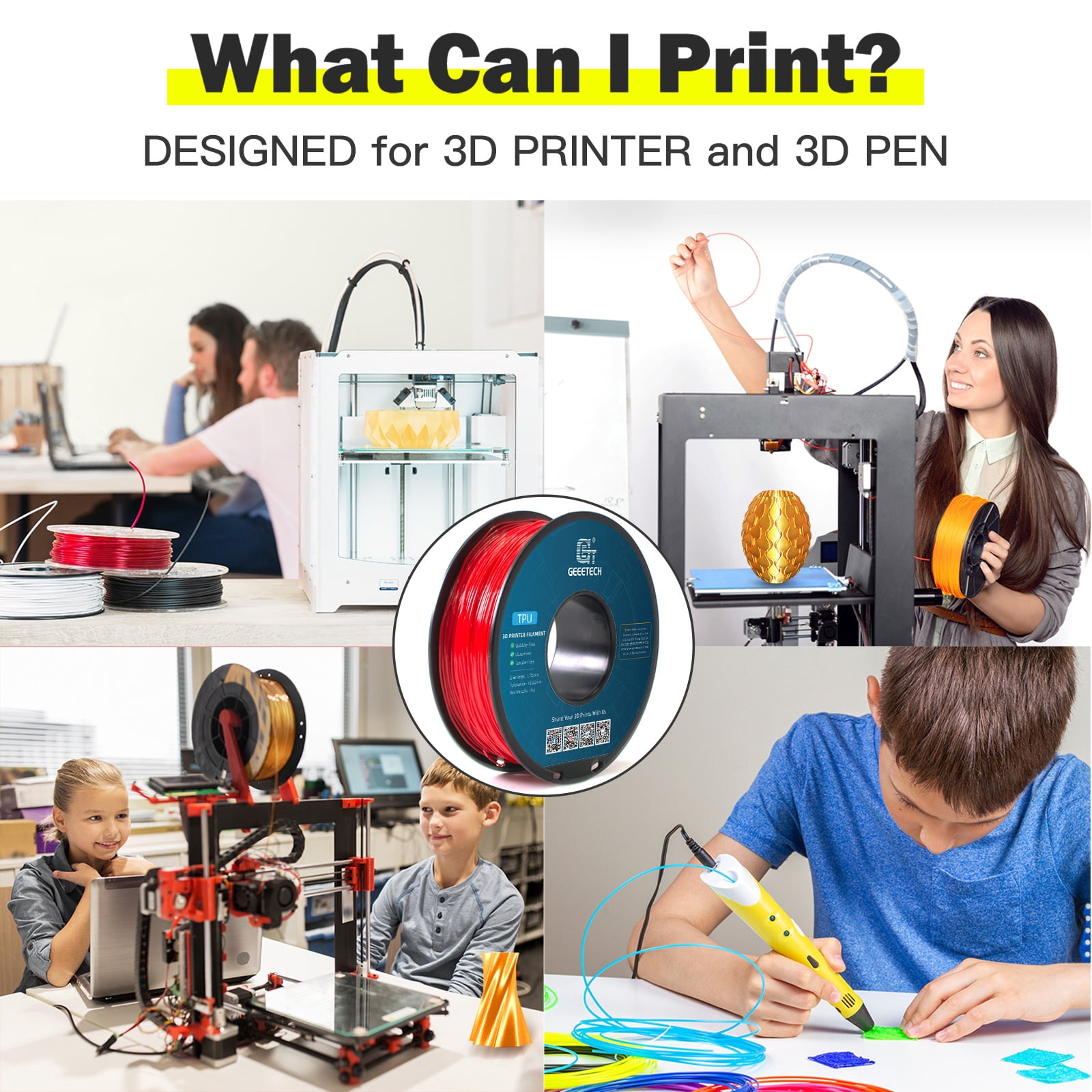 Geeetech 5pcs TPU Filament 1.75mm, Flexible 3D Printer Filament Roll, 5kg（11ibs） Spool, Dimensional Accuracy +/- 0.03 mm, Fit Most FDM Printer (TPU red)