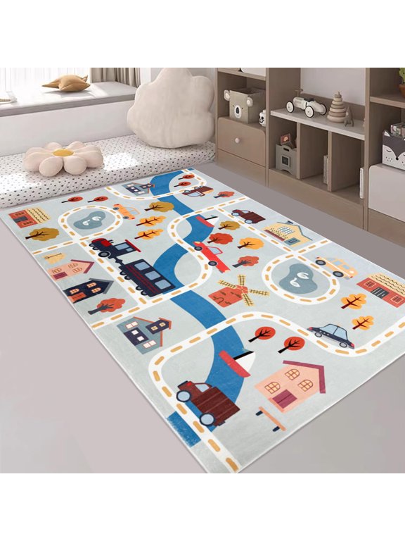 Cartoon Train Rug Game Carpet for Boys and Girls Bedroom Living Room Decoration Rug Soft Fluffy Non-Slip Washable, 47"x71"