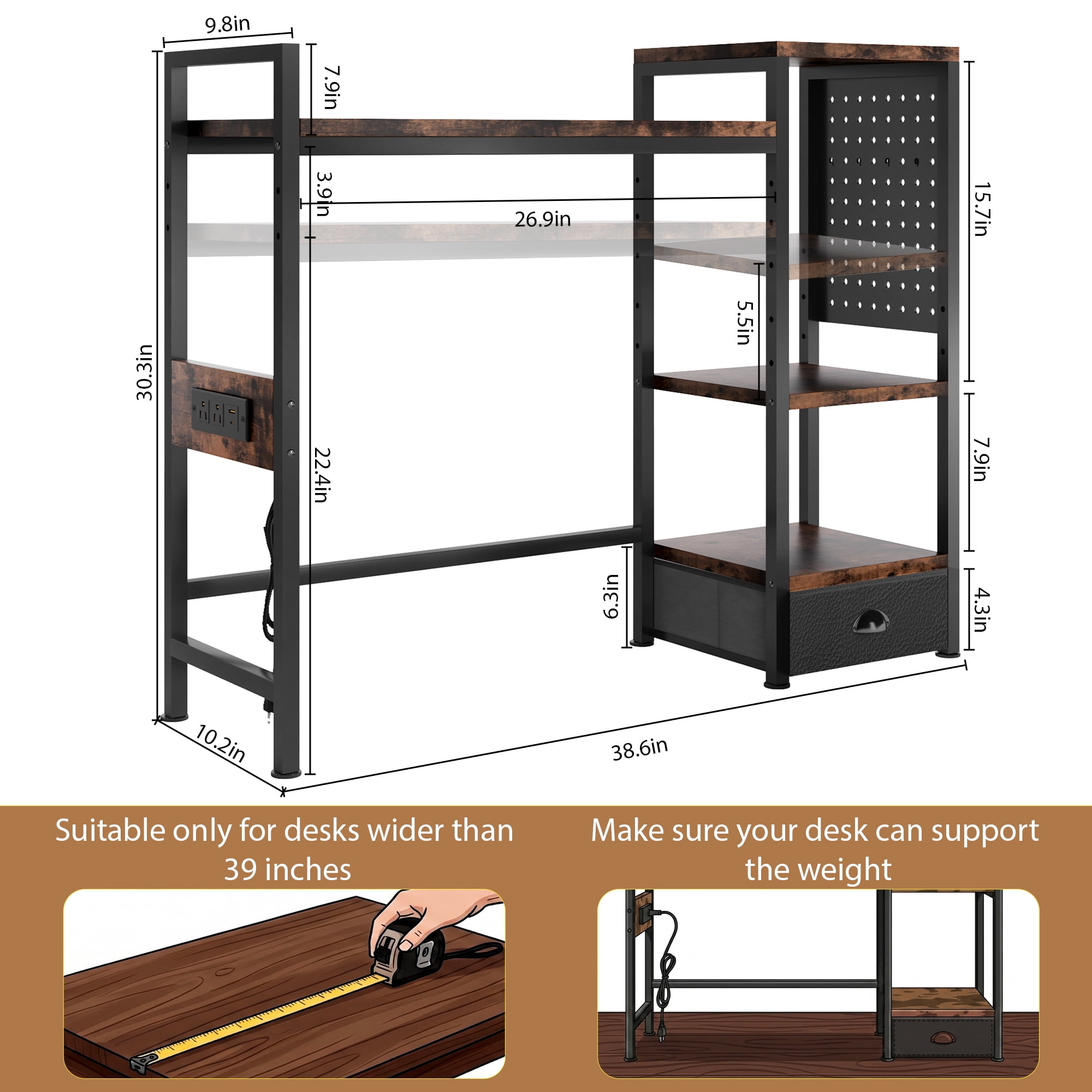 Desktop Bookshelf with Charging Station, LED Light & Adjustable Shelf, 3-Tier Desk Display Organizer for Office, Dorm, Living Room, Black