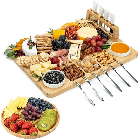 Bamboo Cheese Board with Cutlery Set Cheese Tray, Wooden Cheese Set Including 13-Piece Knife Set